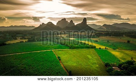 Aerial View Landscape Sunset Mountain Green Field