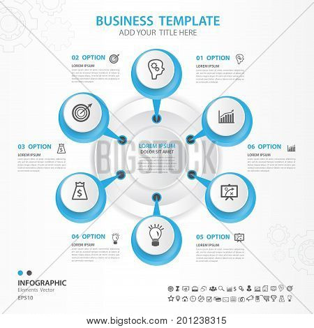 Infographics elements diagram with 6 steps, options, Vector illustration, blue circle icon, presentation template, advertisment layout, Process chart, business flyer, banner, web, timeline, silde