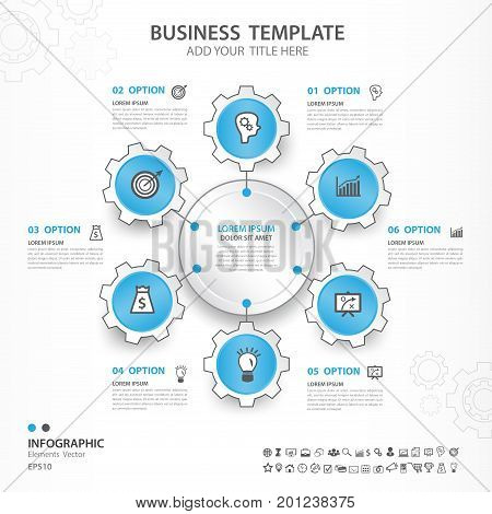Infographics elements diagram with 6 steps, options, Vector illustration, blue gear icon, presentation template, advertisment layout, Process chart, business flyer, banner design, web, timeline, silde