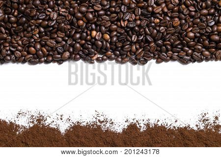 White background with coffee beans and ground coffee on below and above. View from above with space for text. Still life. Mock-up. Flat lay
