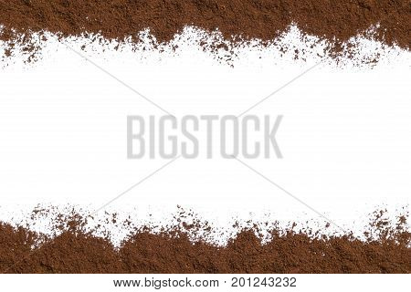 White background with ground coffee on below and above. View from above with space for text. Still life. Mock-up. Flat lay
