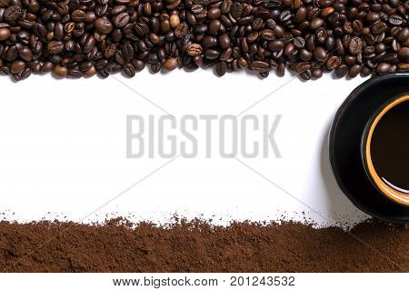 White background with cup of coffee, coffee beans and ground coffee on below and above. View from above with space for text. Still life. Mock-up. Flat lay