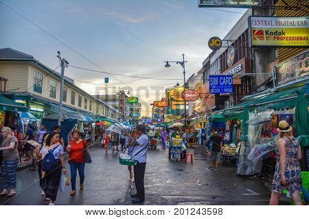 Bangkok, Thailand - August 23, 2017: People walking along the busy streets of Khao San Road in Bangkok, Thailand.