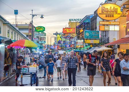 Bangkok, Thailand - August 23, 2017: People walking along the busy streets of Khao San Road in Bangkok, Thailand.