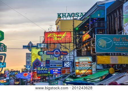 Bangkok, Thailand - August 23, 2017: People walking along the busy streets of Khao San Road in Bangkok, Thailand.