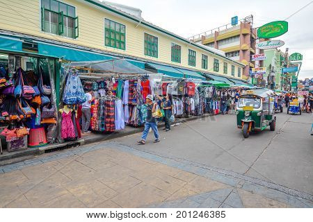 Bangkok, Thailand - August 23, 2017: People walking along the busy streets of Khao San Road in Bangkok, Thailand.