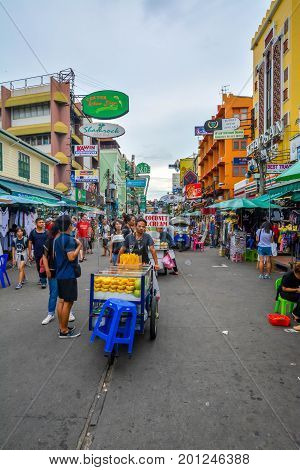 Bangkok, Thailand - August 23, 2017: People walking along the busy streets of Khao San Road in Bangkok, Thailand.