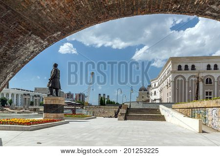 SKOPJE, REPUBLIC OF MACEDONIA - 13 MAY 2017: Skopje City Center, Old Stone Bridge and Vardar River, Republic of Macedonia