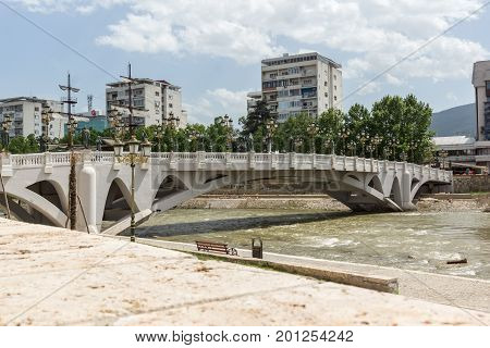 SKOPJE, REPUBLIC OF MACEDONIA - 13 MAY 2017: River Vardar passing through City of Skopje center, Republic of Macedonia