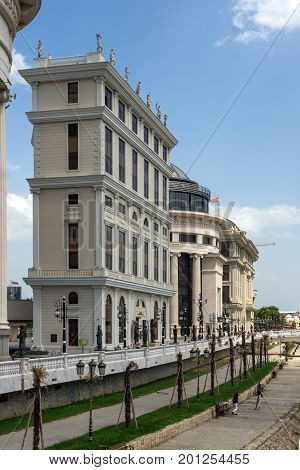 SKOPJE, REPUBLIC OF MACEDONIA - 13 MAY 2017: River Vardar passing through City of Skopje center, Republic of Macedonia