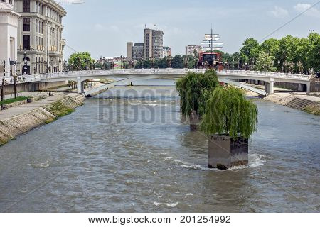 SKOPJE, REPUBLIC OF MACEDONIA - 13 MAY 2017: River Vardar passing through City of Skopje center, Republic of Macedonia