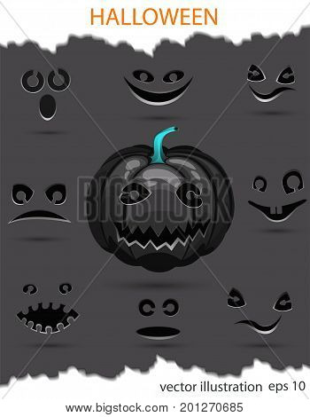 Black vector pumpkin set with different emotions in honor of Halloween