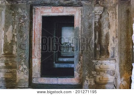 View of the temple courtyard and corridors of Bala Krishna in Hampi, Karnataka, India. Old and famous Indian landmark, World Heritage.