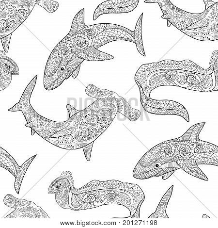Oceanic animals zentangle seamless pattern. High detailed tile texture with sharks for coloring book.Template for textile, wrapping or scrapbook paper print. Antistress colouring page for grown ups.