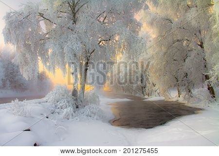 Snowy landscape from pajakka river from Kuhmo, Finland.