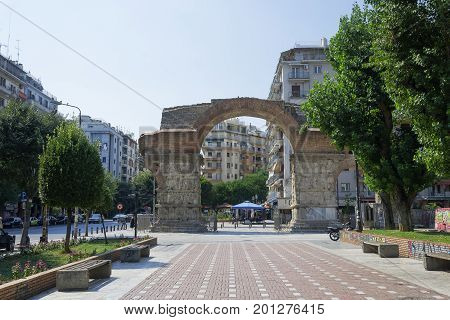 Thessaloniki, Greece - August 6 2017: Galerius Arch day view.
Arch of Galerius Emperor, a 4th-century monument at the city center on a sunny day.