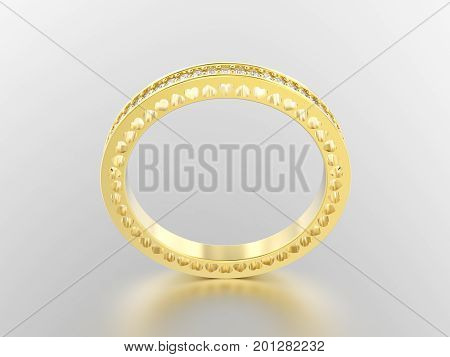 3D illustration yellow gold eternity band ring with diamonds and hearts with reflection on a grey background