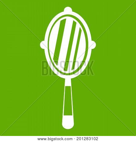 Hand mirror icon white isolated on green background. Vector illustration