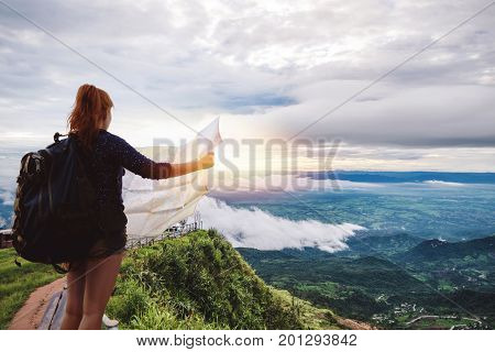 Asian women travel relax in the holiday. Standing on the mountain. Thailand