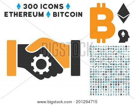 Smart Contract Handshake pictograph with 300 blockchain, cryptocurrency, ethereum, smart contract design elements. Vector clip art style is flat iconic symbols.