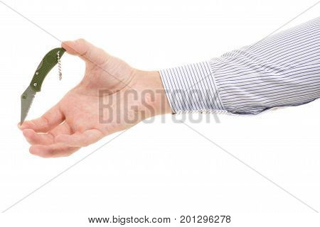 Male hands little folding knife on white background isolation