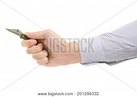 Male hands little folding knife on white background isolation