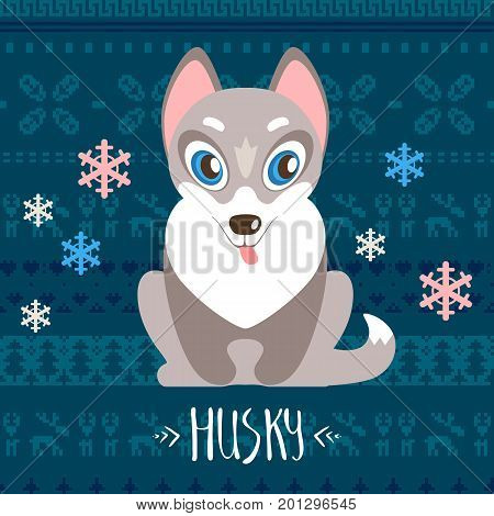 Flat vector illustration. Husky, nice friendly pet Isolated. Little dog, cute puppy. Knitted background