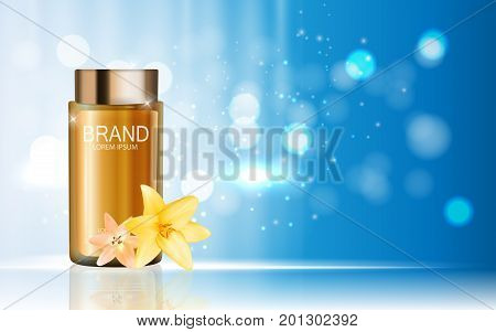 Design Cosmetics Product  with Flowers Golden Liy Template for Ads or Magazine Background. 3D Realistic Vector Iillustration. EPS10