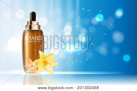 Design Cosmetics Product  with Flowers Golden Liy Template for Ads or Magazine Background. 3D Realistic Vector Iillustration. EPS10