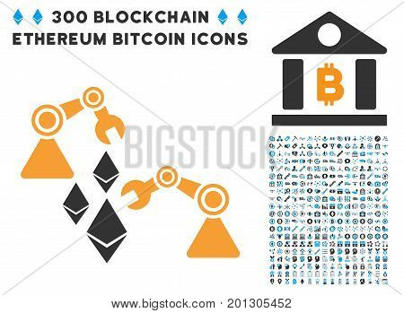 Ethereum Mine Robotics pictograph with 300 blockchain, cryptocurrency, ethereum, smart contract symbols. Vector pictograph collection style is flat iconic symbols.
