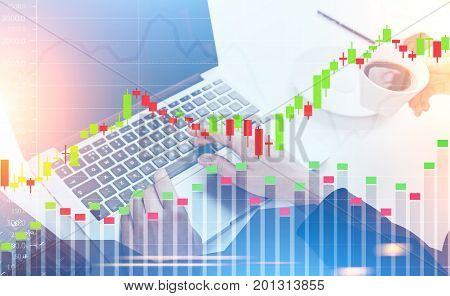 Close up of businesswoman s hands typing on her laptop keyboard while an assistant is fetching coffee. Graphs in the foreground. Toned image double exposure