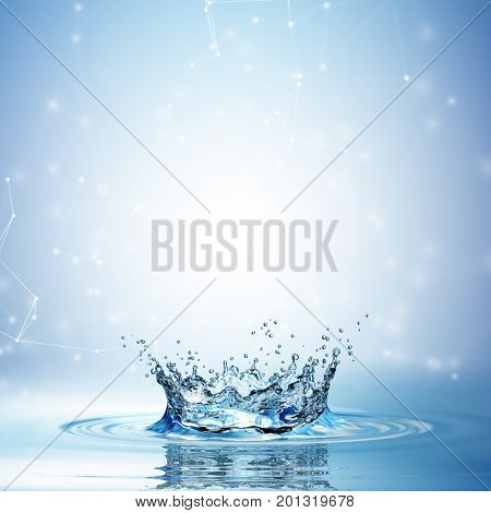 Water splash in dark blue color with a drop of water flying from above. 3d rendering
