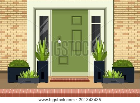 Vector illustration of a facade of a house bricks lining an entrance door to a building a home garden on the doorstep into the building