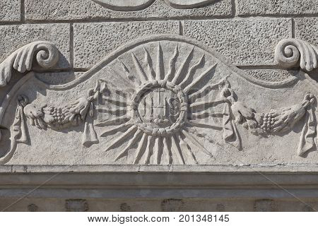 Polish burger tenement period of mannerism Celejowska townhouse details of facade Kazimierz Dolny Poland. It was built of limestone most probably in the 16th century for a wealthy merchant