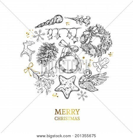 Merry Christmas collection with hand drawn illustrations . Postcard.Vector. Isolated objects