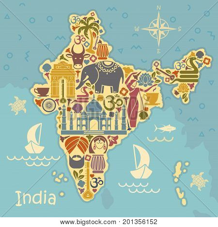 Map of India with icons. Traditional symbols of culture and architecture of India