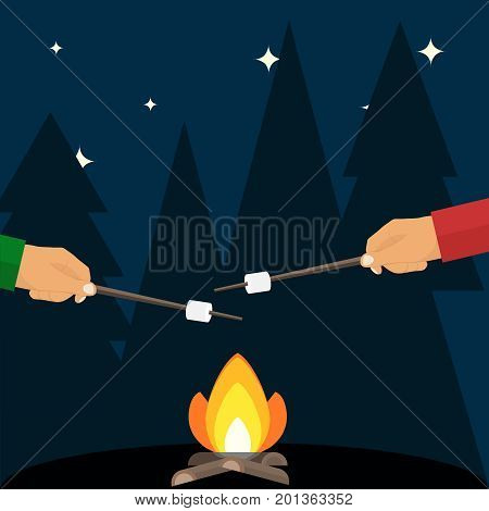Fry marshmallows over a fire. The hand holds a wand with a marshmallow. Flat design, vector illustration, vector.