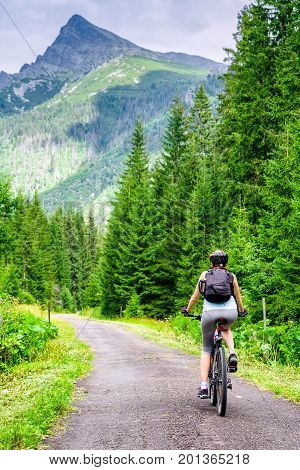 Woman On Mtb Bike In High Tatras Mountains, Slovakia