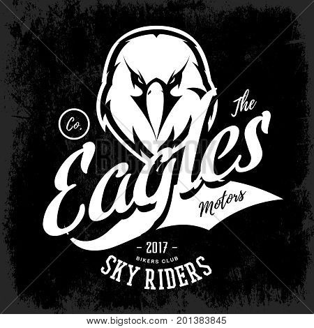 Vintage furious eagle bikers gang club vector logo concept isolated on black background. 
Street wear mascot badge design. Premium quality wild bird emblem t-shirt tee print illustration.