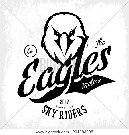 Vintage furious eagle bikers gang club vector logo concept isolated on white background. 
Street wear mascot badge design. Premium quality wild bird emblem t-shirt tee print illustration.