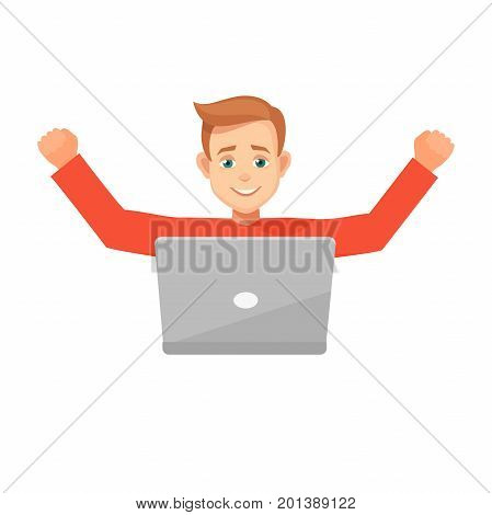 Euphoric winner working with laptop on a desk winning at home.male character celebrating, hands up.vector illustration isolated from background.young man doing a winner gesture