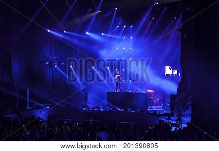 Cluj-Napoca, Romania - August 3, 2017: Crowd having fun at Dannic, a Dutch DJ and EDM producer, live concert at Untold Festival, the Best Major Music Festival of Europe