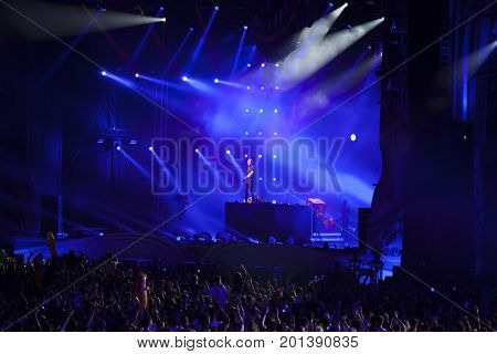 Cluj-Napoca, Romania - August 3, 2017: Crowd having fun at Dannic, a Dutch DJ and EDM producer, live concert at Untold Festival, the Best Major Music Festival of Europe