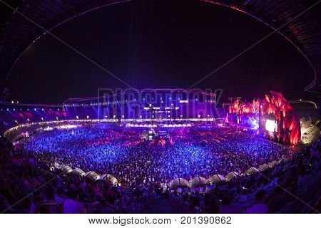 Cluj-Napoca, Romania - August 3, 2017: Crowd having fun at Dannic, a Dutch DJ and EDM producer, live concert at Untold Festival, the Best Major Music Festival of Europe