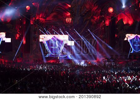 Cluj-Napoca, Romania - August 3, 2017: Crowd having fun at Dannic, a Dutch DJ and EDM producer, live concert at Untold Festival, the Best Major Music Festival of Europe
