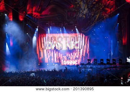 Cluj-Napoca, Romania - August 3, 2017: Crowd having fun at Dannic, a Dutch DJ and EDM producer, live concert at Untold Festival, the Best Major Music Festival of Europe