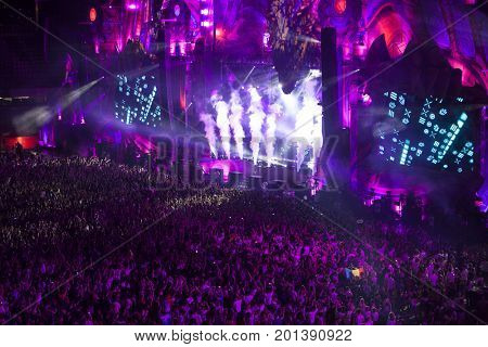Cluj-Napoca, Romania - August 3, 2017: Crowd having fun at Dannic, a Dutch DJ and EDM producer, live concert at Untold Festival, the Best Major Music Festival of Europe