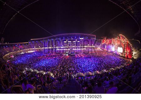 Cluj-Napoca, Romania - August 3, 2017: Crowd having fun at Dannic, a Dutch DJ and EDM producer, live concert at Untold Festival, the Best Major Music Festival of Europe