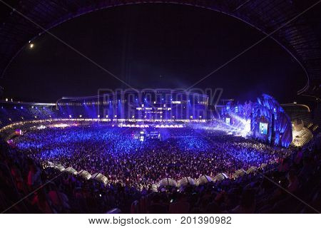 Cluj-Napoca, Romania - August 3, 2017: Crowd having fun at Dannic, a Dutch DJ and EDM producer, live concert at Untold Festival, the Best Major Music Festival of Europe