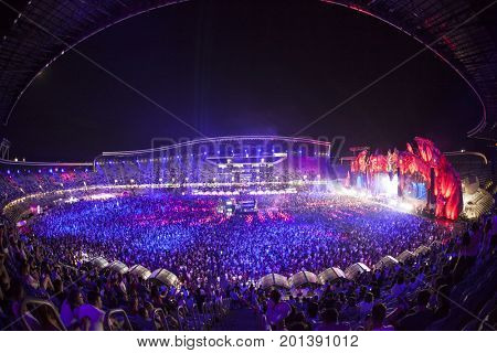Cluj-Napoca, Romania - August 3, 2017: Crowd having fun at Dannic, a Dutch DJ and EDM producer, live concert at Untold Festival, the Best Major Music Festival of Europe